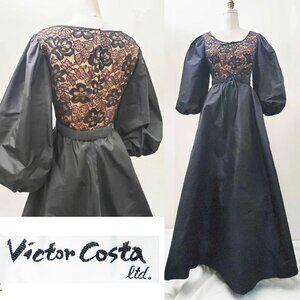 Victor Costa Women's VTG Taffeta Black Balloon Sleeve Floral Lace Maxi Dress 14